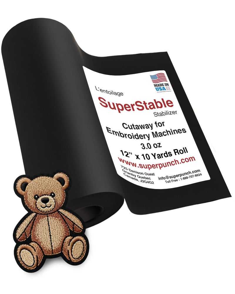 Superpunch Cutaway 3.0 oz Stabilizer for Embroidery Machines, SuperStable Black Thick Cut Away Stabilizer-12 inch x 10 Yard Roll, Cut Away Machine Embroidery Stabilizer Backing- Made in USA - Image 1